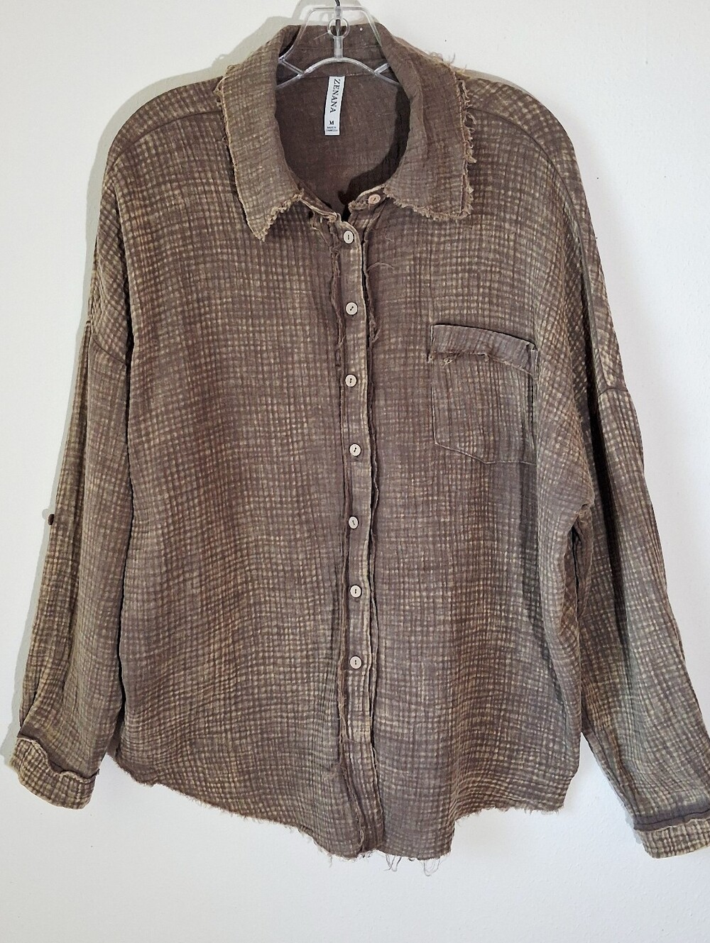 Zenana Outfitters Long Sleeve Button - Up Distressed Raw Edges Size Medium